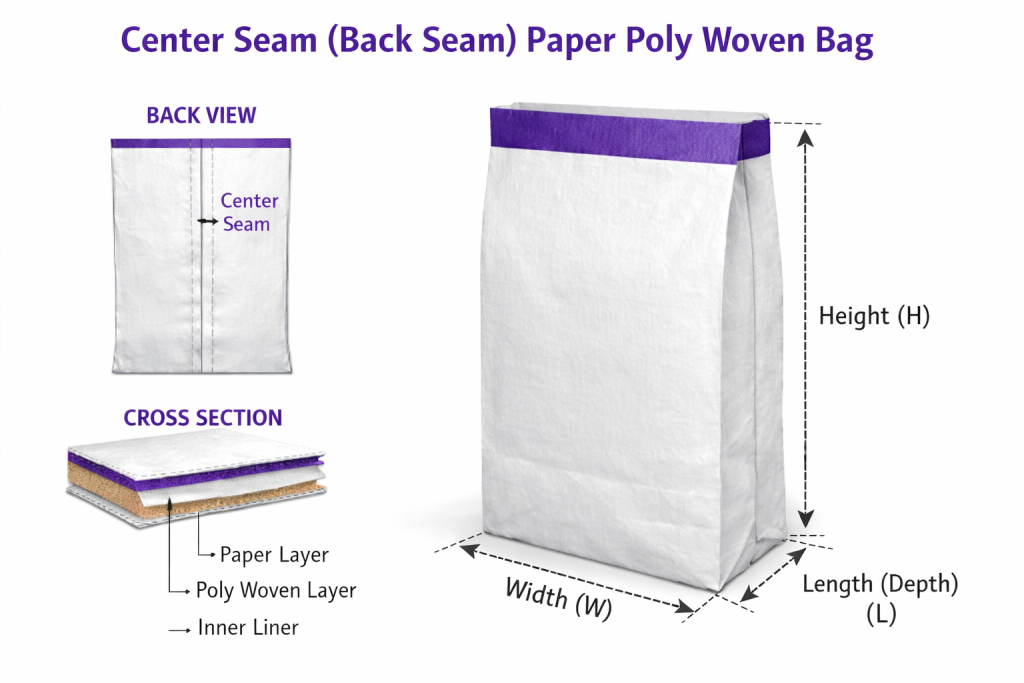 center seam paper poly woven bags showing layers and industrial packaging design