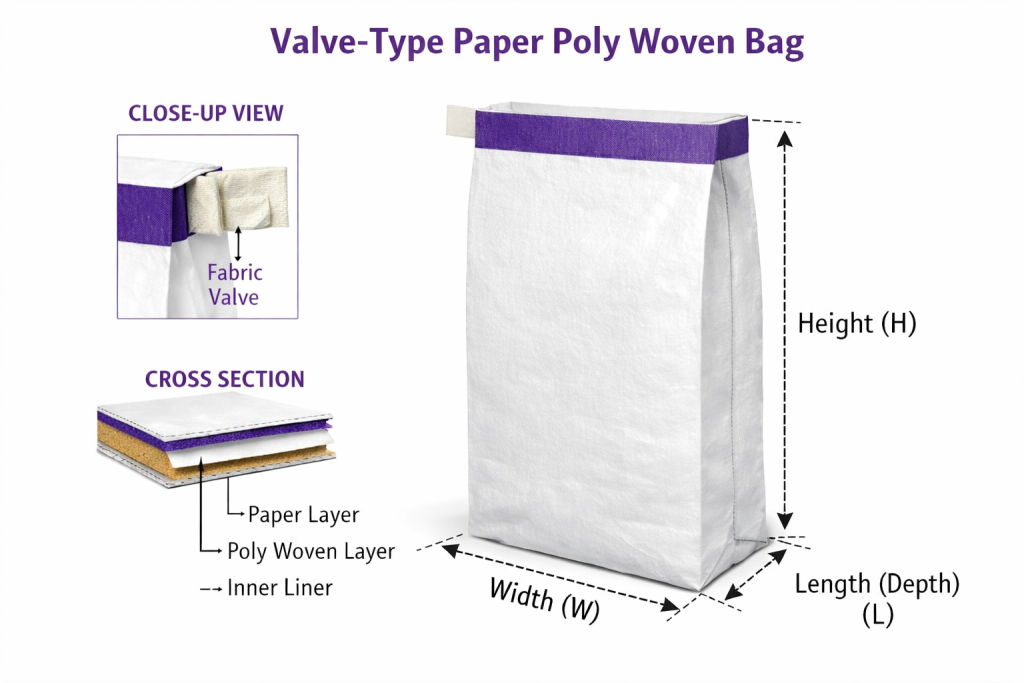 valve type paper poly woven bags showing fabric valve and industrial packaging design
